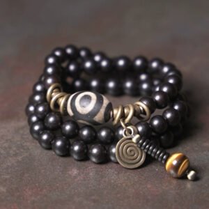 Vintage Multi-Layer Ebony Bead Bracelet with Tiger Eye & Dzi Bead for Protection