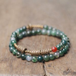 Double-Layer Moss Agate Beaded Bracelet with Brass Accents – Women's Grounding & Growth Bracelet