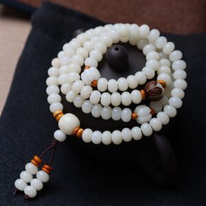 White Jade Bodhi 108 Mala Beads Bracelet with Hand-Carved Lotus Beads and Olive Pit Spacers