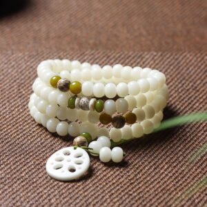 White Jade Bodhi 108 Mala Beads Bracelet with Carved Lotus Slice Pendant
