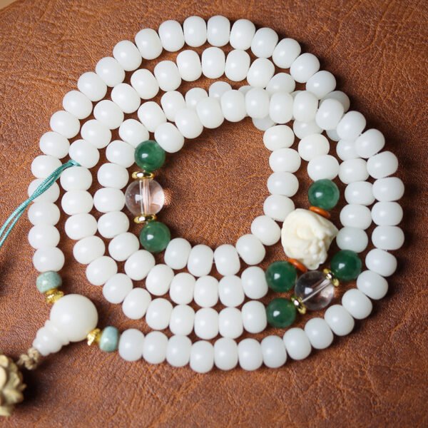 108 Mala Beads White Jade Bodhi Bracelet with Little Fox Pendant