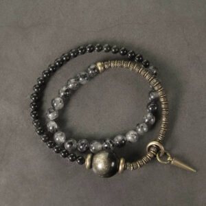 Obsidian & Black Rutilated Quartz Brass Bracelet for Protection & Focus