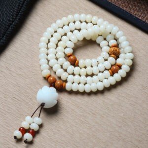 White Jade Bodhi 108 Mala Beads Bracelet with Hand-Carved Lotus Beads and Olive Pit Spacers