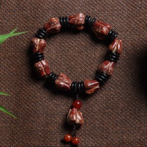 Natural Blood Lotus Bodhi Bracelet – Hand-Carved Lotus Handheld Prayer Beads
