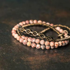 Vintage Multi-Layer Flower Red Jasper Bead Bracelet – Long Wrap with Brass Accents